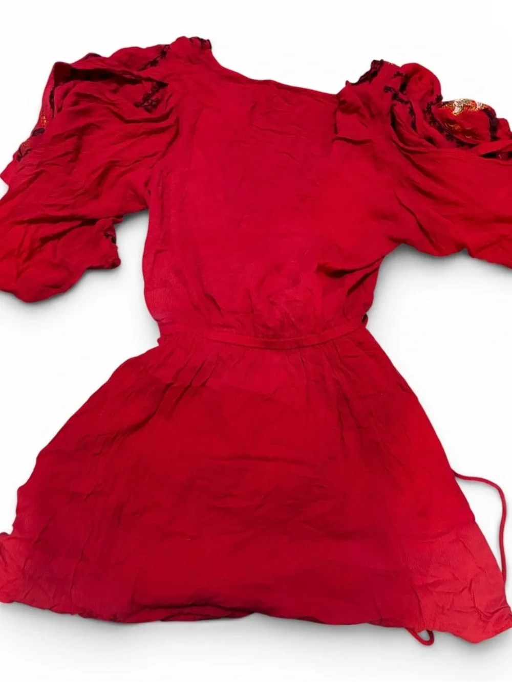 Free People Red Embroidered V-Neck Tunic Dress